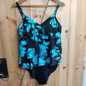 Trimshaper Sz 14 Blue Black Floral‎ 1 Pc Swimsuit Tankini Beach Summer Modest